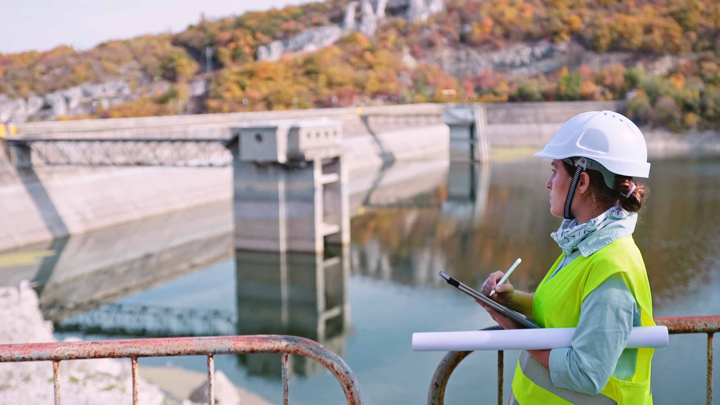 a resource manager inspecting a river dam